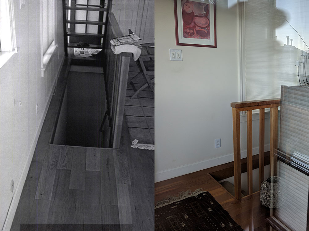 Left: A photo of the internal staircase from 2001 report. Right: the staircase remains as of 2019.